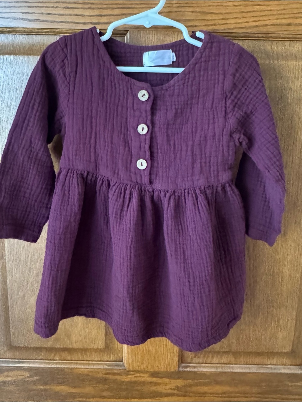 Girls' 4T Long Sleeve Gauze Dress with wooden buttons- Plum